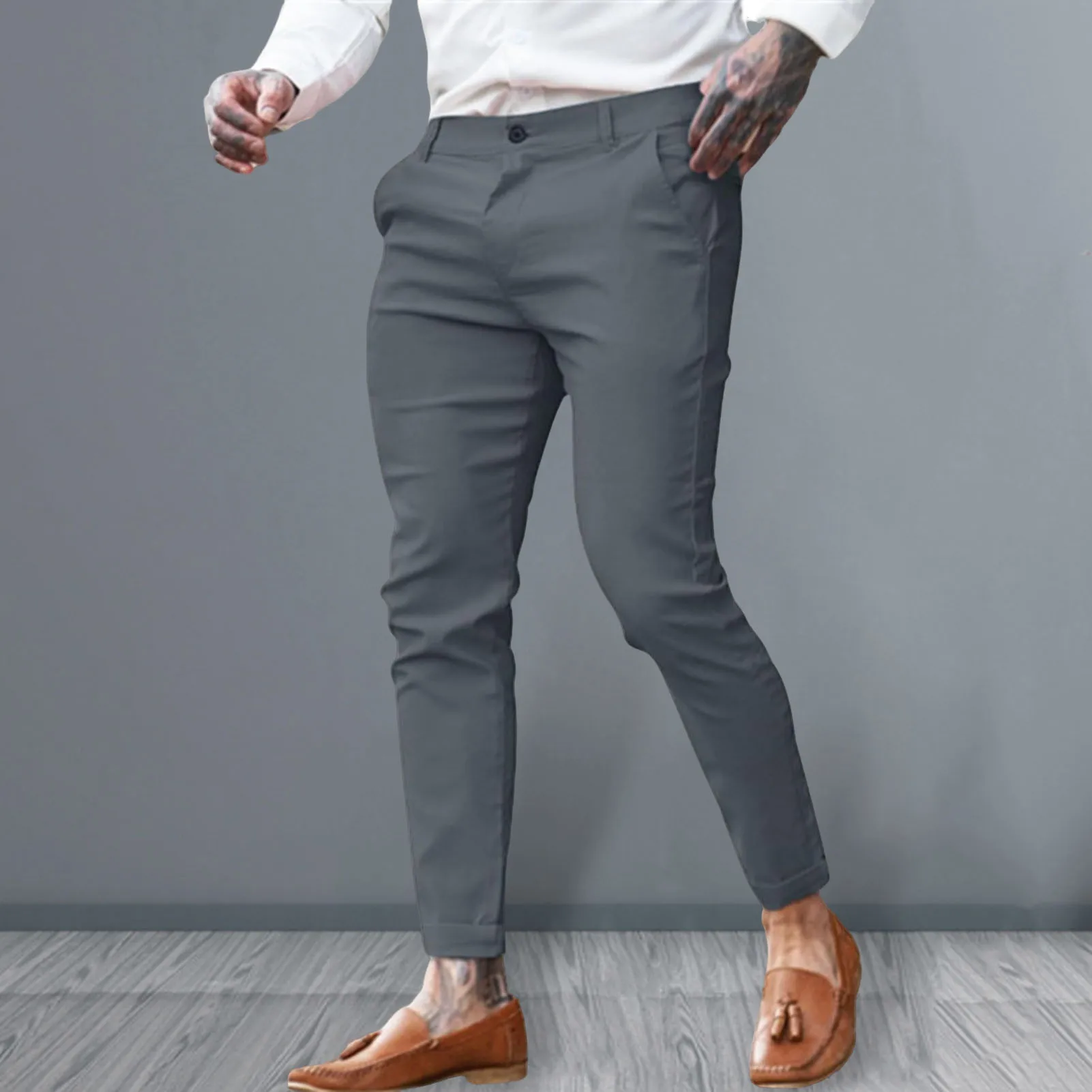 Men Spring Pants Stylish Men's Slim Fit Ninth Pants with Pockets Zipper Closure Comfortable Streetwear Trousers for Ankle Length