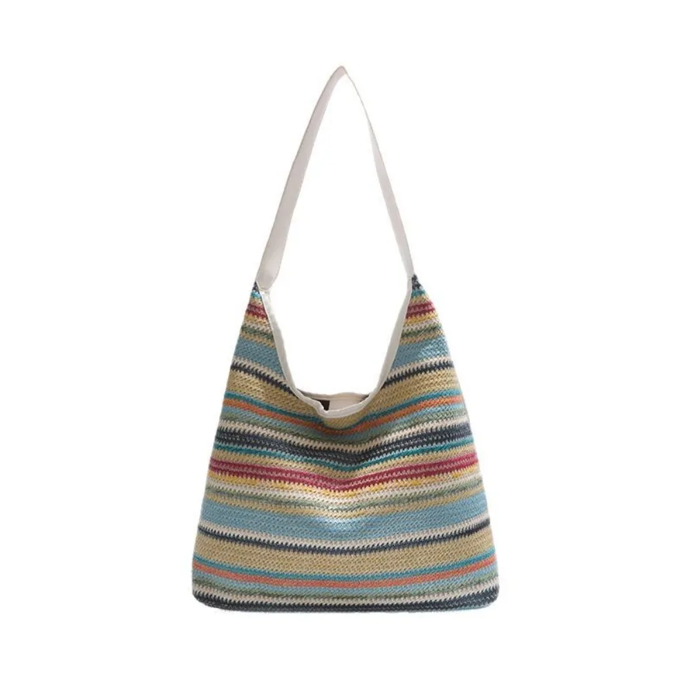 

Simple Beach Handbag Weave Straw Bag Large Capacity Bohemian Style Rainbow Beach Bag Lazy Style Hollow Tote Bag Shopping