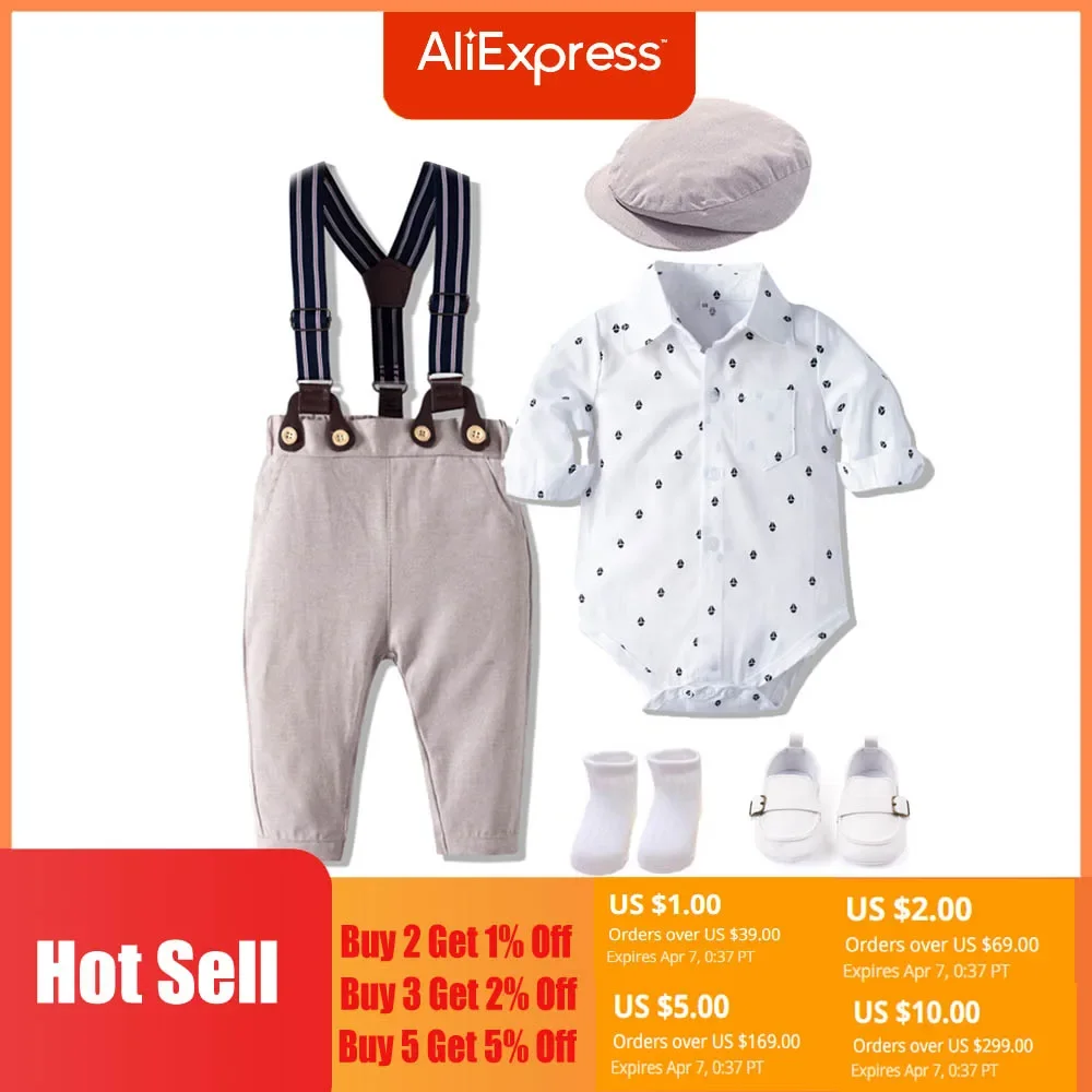 Spring Autumn Print Shirts Romper Clothing Set Baby Boy Girl Clothes Romper+Pants+Cap+Sock+Shoes