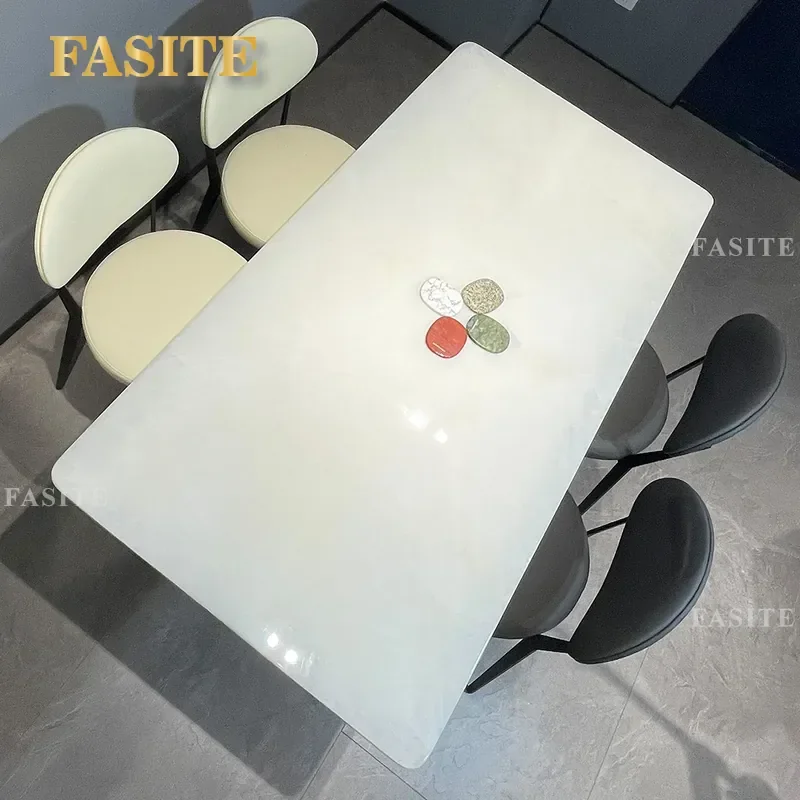 For Natural Marble Dining Table Italian Light Luxury High End Simple A Level Large White Ice Jade Rectangular Combination