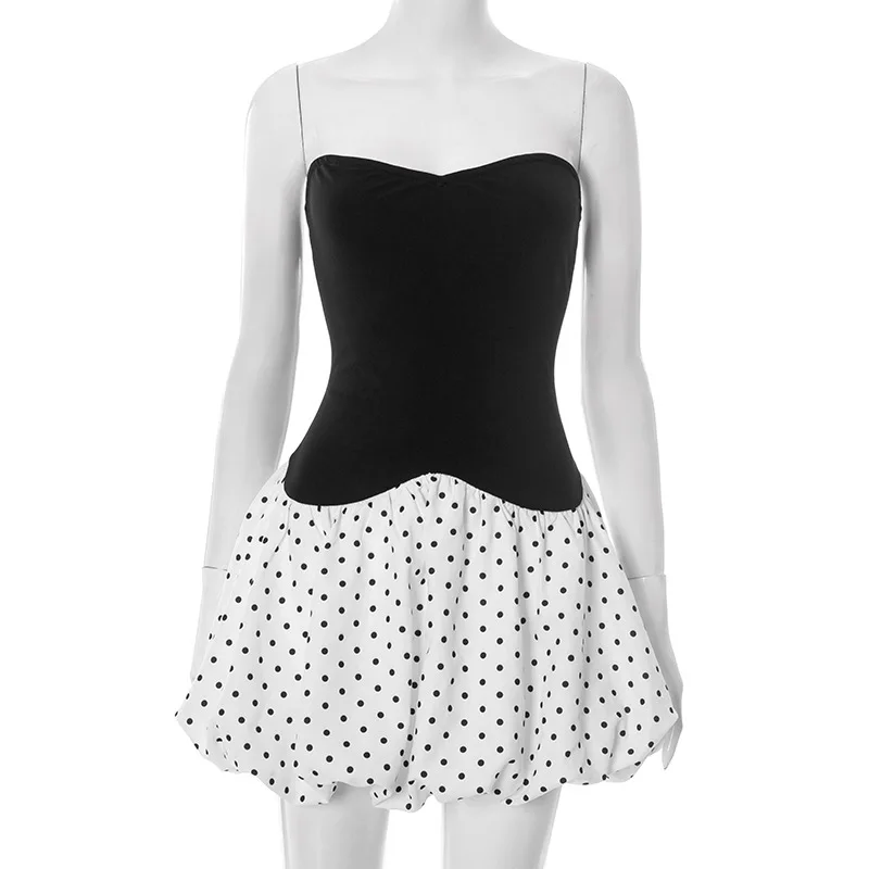 Patchwork Polka Dot Sexy Minikleid Damenmode Off-Schulter Trägerlos Rückenfrei Ärmellos Hohe Taille Clubkleid