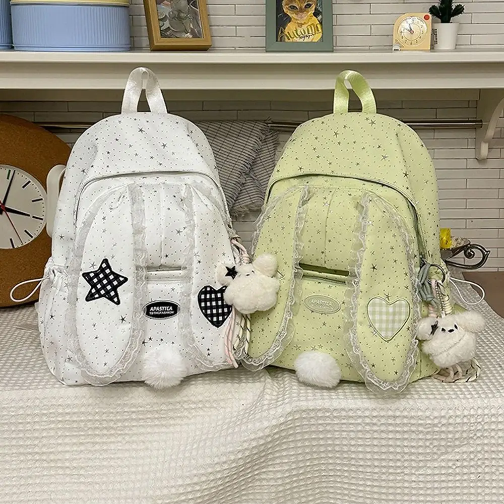 Cute Nylon Rabbit Ear Backpack Polka Dot Lace Student's Backpack Large Capacity School Bag for Students Girls