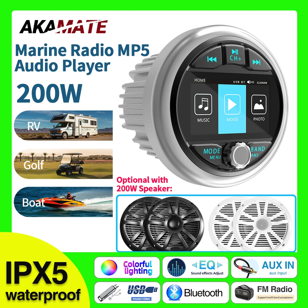 

Boat Radio Marine Stereo MP5 Media Player AM FM RDS Receiver Bluetooth AUX Supports with Speaker Antenna for RV UTV SPA ATV RZR