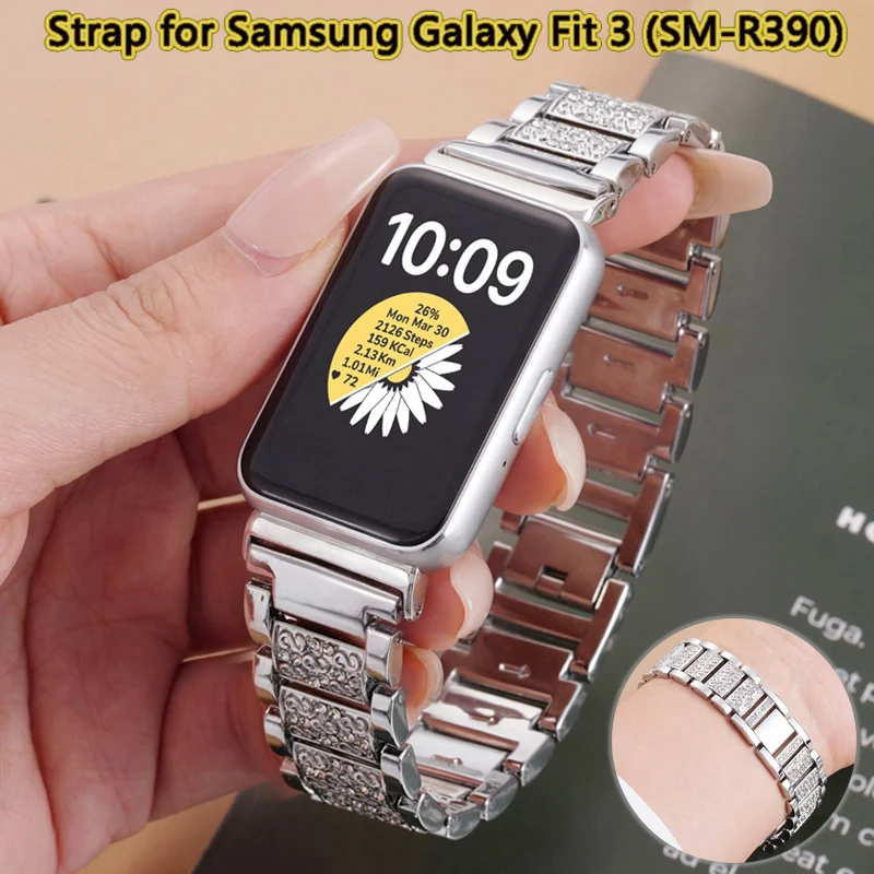 Armband für Samsung Galaxy Fit3 SM-R390 Damen Glänzendes Armband Metall mit Diamanten Besetzt Schutzfolie Ersatz-Uhrenarmband
