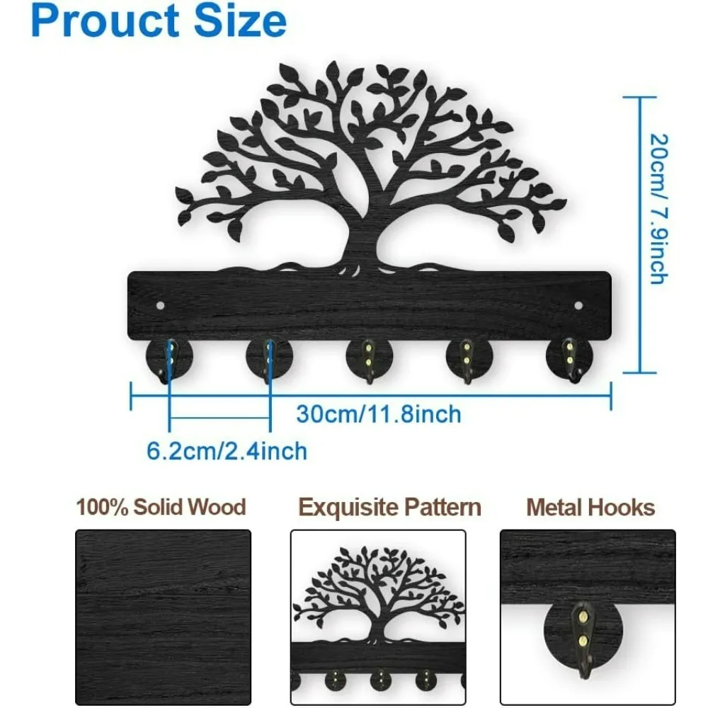 Tree of Life Coat Rack Wall Mount 11.8×7.9inch Lush Tree Key Holder for Wall Decorative Wood Black Key Rack Hanger 5 Alloy