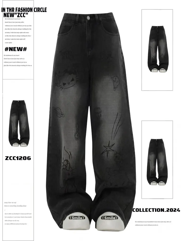High Waist Wide Leg Jeans Women's Loose Fit Printed Washed American Retro Street Style Trousers for Young Adults All Seasons