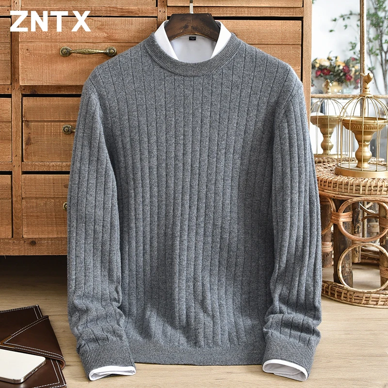 New autumn and winter men's round neck pure cashmere sweater with striped jacquard knitting, slim fit, casual base, business