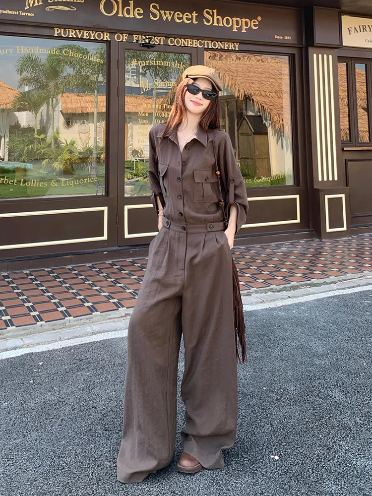 

Chic Brown High Waist Collar Long Sve Pants Women's Loose Wide Leg Drapey Long Trousers Autumn New Arrival