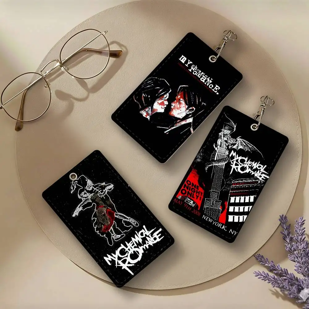 Popular Rock Band My C-chemical Romance PU Leather Card Holders Anti-lost Protective Cover Cases Campus Access Cards Key Chain