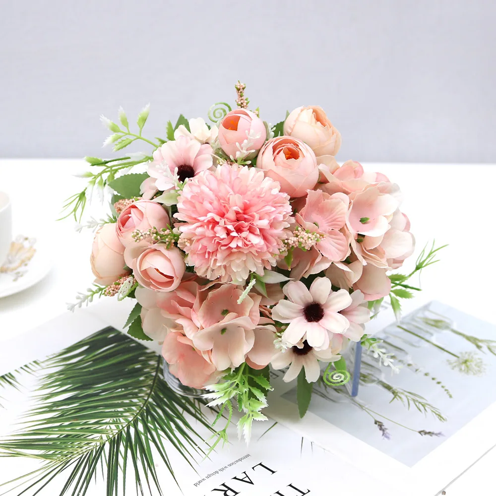 Silk Rose Pink Artificial Flowers Bouquet High Quality Plastic Accessories Home Living Room Wedding Table Decoration Fake Flower