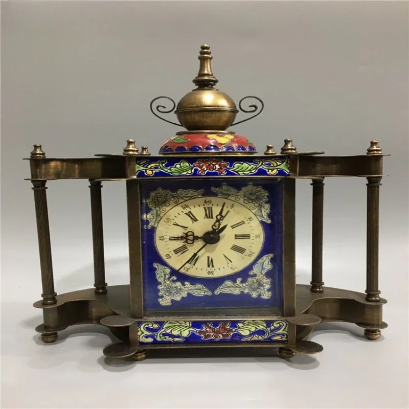 Antique Collection Classical Enamel Cloisonne Clock, Mechanical Clock Ornament, Manual Clockwork