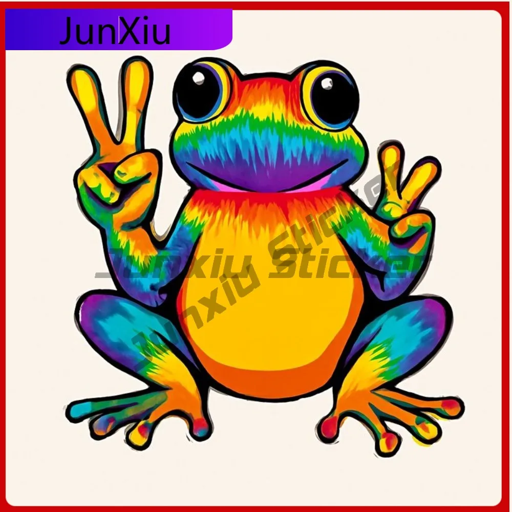 

1pc Vinyl Decal Colorful toon Rainbow Gradient Frog Peace Sign Pose Tie-Dye Style with Black Outlines Vintage Car Laptop Wind