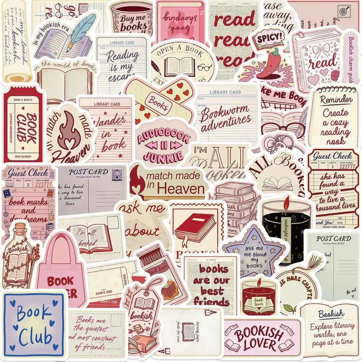 50 Stück Niedliche Buchliebhaber-Lese-Sticker, Vintage Warme Farben, Wasserfeste DIY-Aufkleber für Scrapbooking, Handy, Laptop