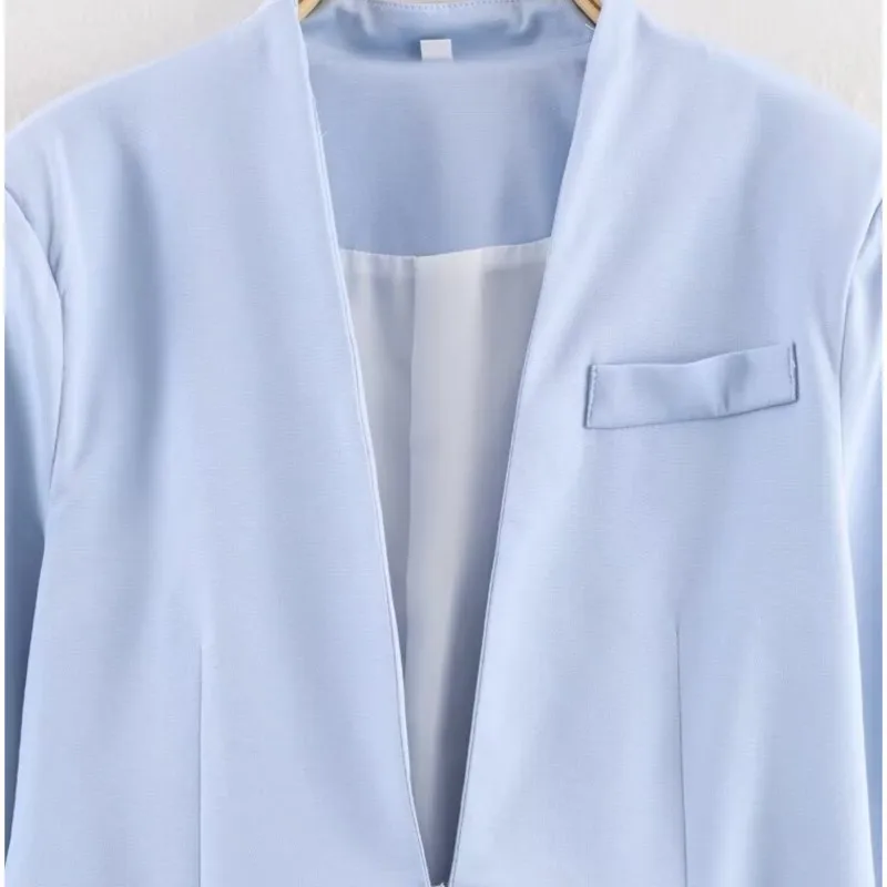 Ladies' Collarless Slim Fit Casual Suit Jacket Autumn Solid Long Sleeved Pockets Decoration Single Button Women's Tops