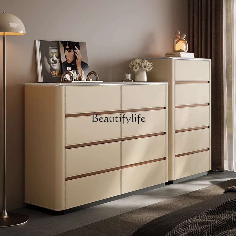 

02 Marble chest saddle leather living room chest modern solid wood drawer storage