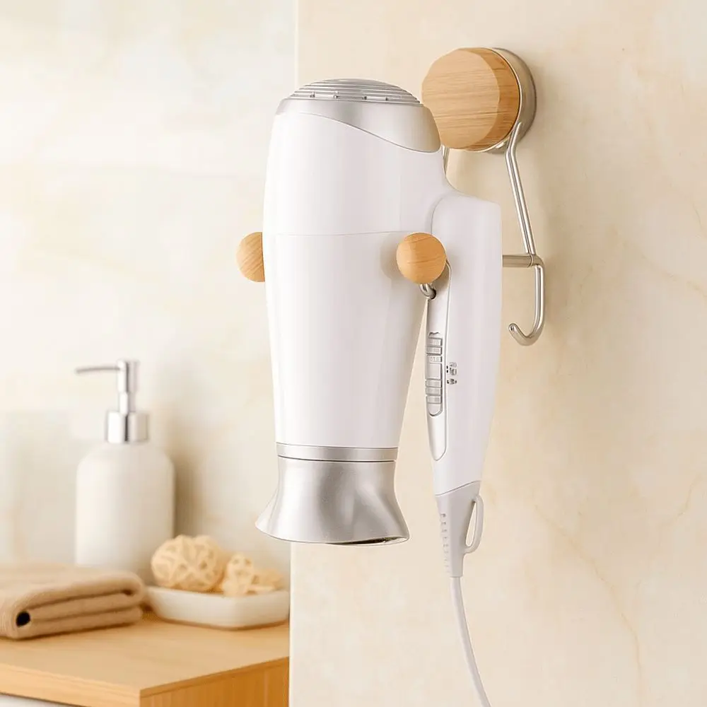 

Wall Mounted Hair Dryer Rack Suction Cup Style Adjustable Suction Cup Storage Rack Wood-Look Space Saving Hair Dryer Holder
