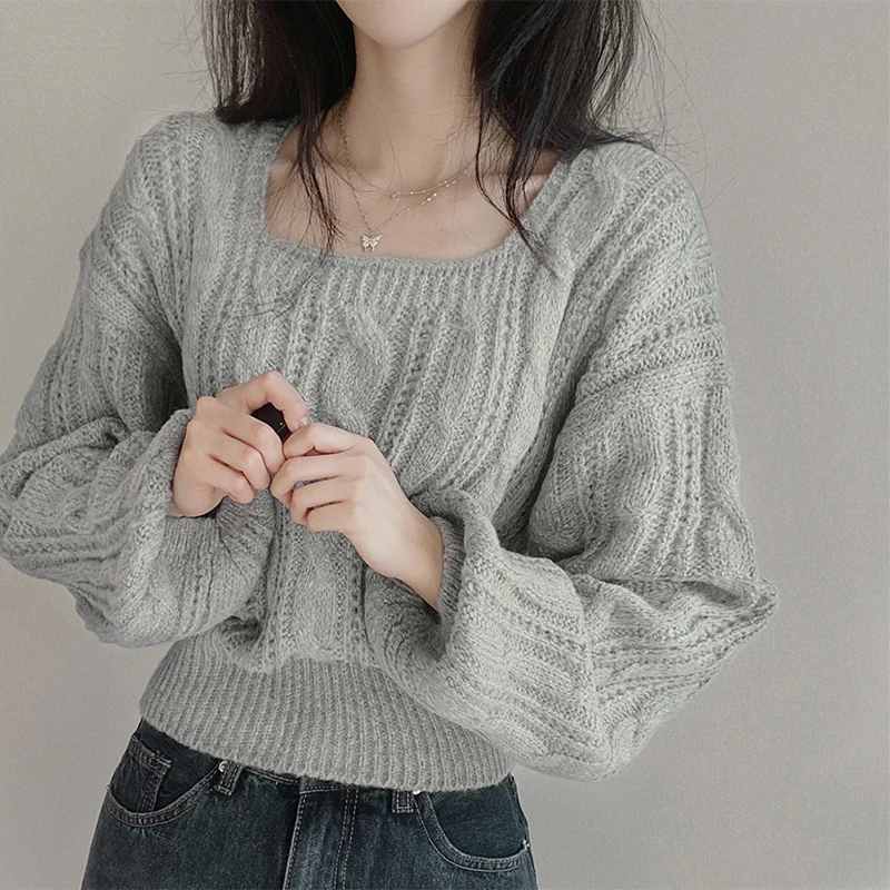 Vintage torção gola quadrada camisola feminina primavera outono chique cintura cinched recortado pullovers coreano cor sólida camisola de malha
