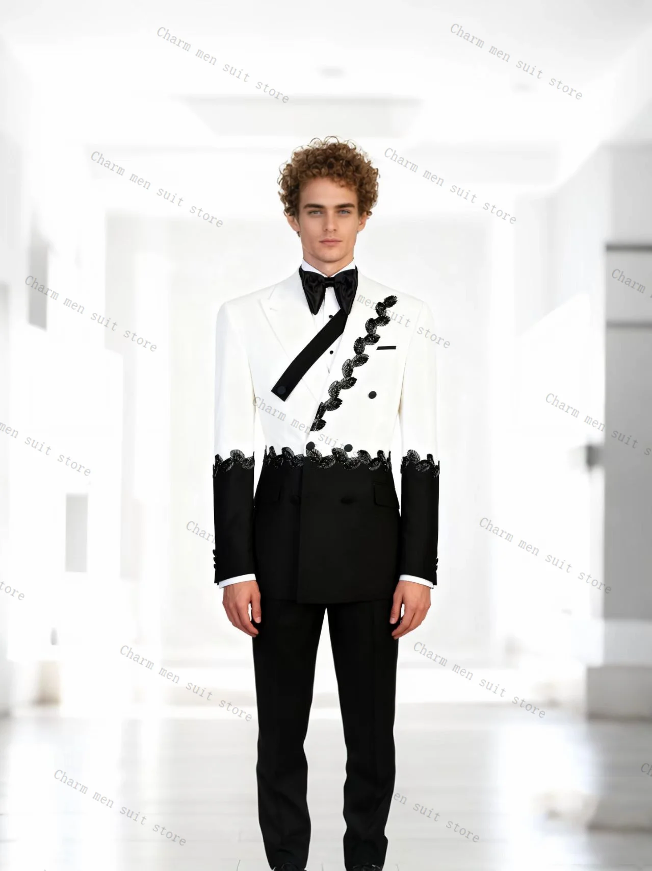 ชุดสูทผู้ชายสีขาวดำ 2 ชิ้น ประดับคริสตัล เสื้อเบลเซอร์+กางเกงขายาว ผ้าฝ้าย ชุดทักซิโด้สำหรับงานแต่งงาน ชุดทำงานทางการ ชุดเจ้าบ่าว เสื้อแจ็คเก็ต