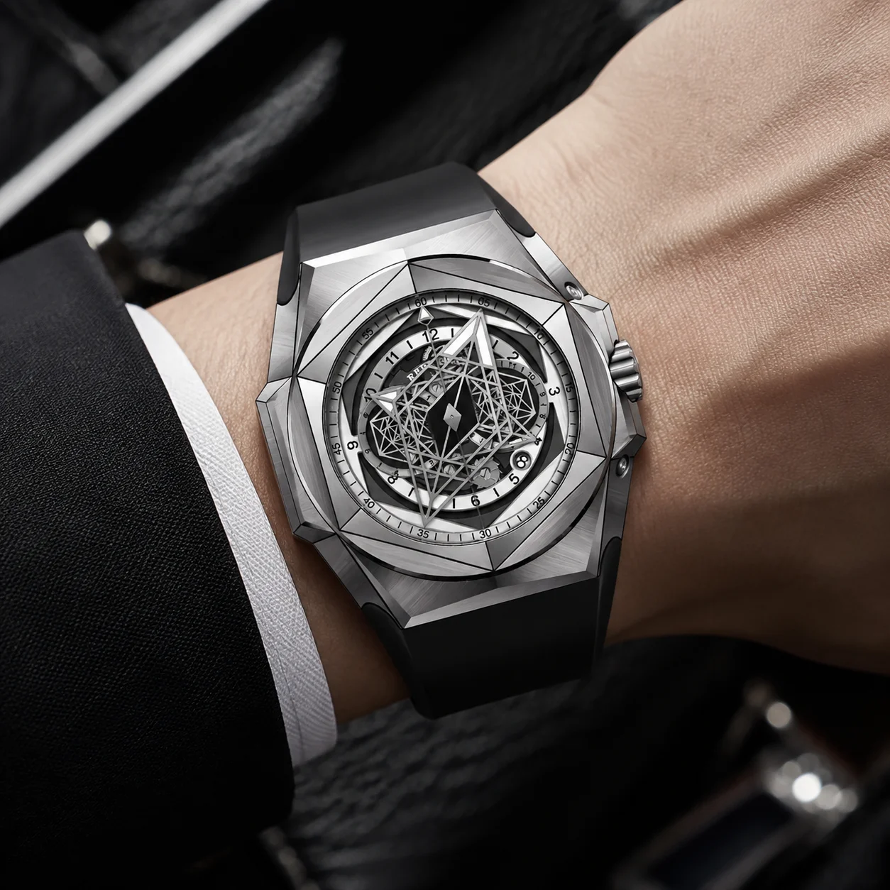 REEF TIGER Men's Black Shark Hexagonal Skeleton Automatic Watch Luxury Design Rubber Strap Water Resistant Wristwatch