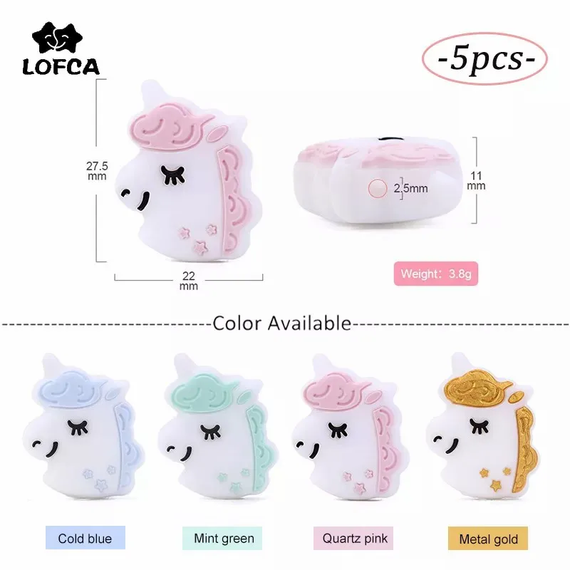 LOFCA 5pcs Silicone Beads Unicorn Silicone Teether BPA Free Food Grade Silicone Baby Teething Toy Nursing Pacifier Clip Necklace