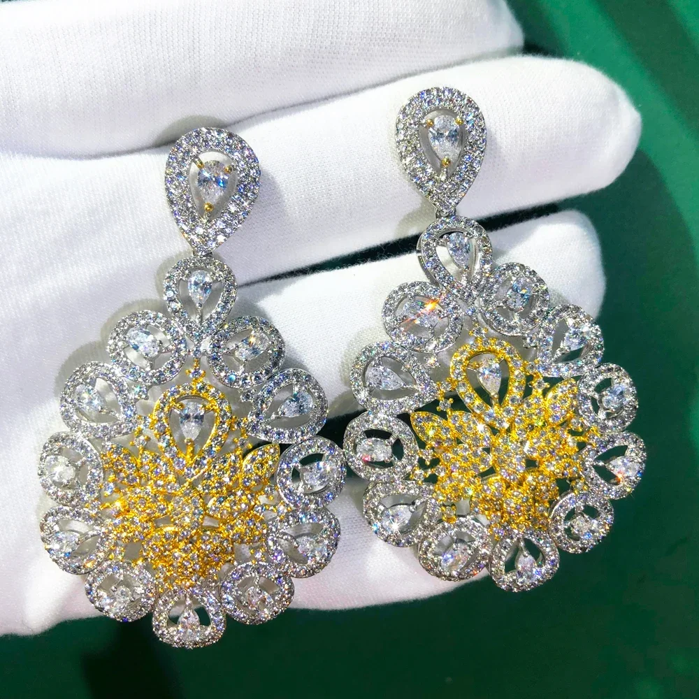 

Soramoore Charms Luxury Fireworks Flower Earrings Full Mirco Paved Crystal Zircon Dubai Wedding Drop Earring Fashion Jewelry