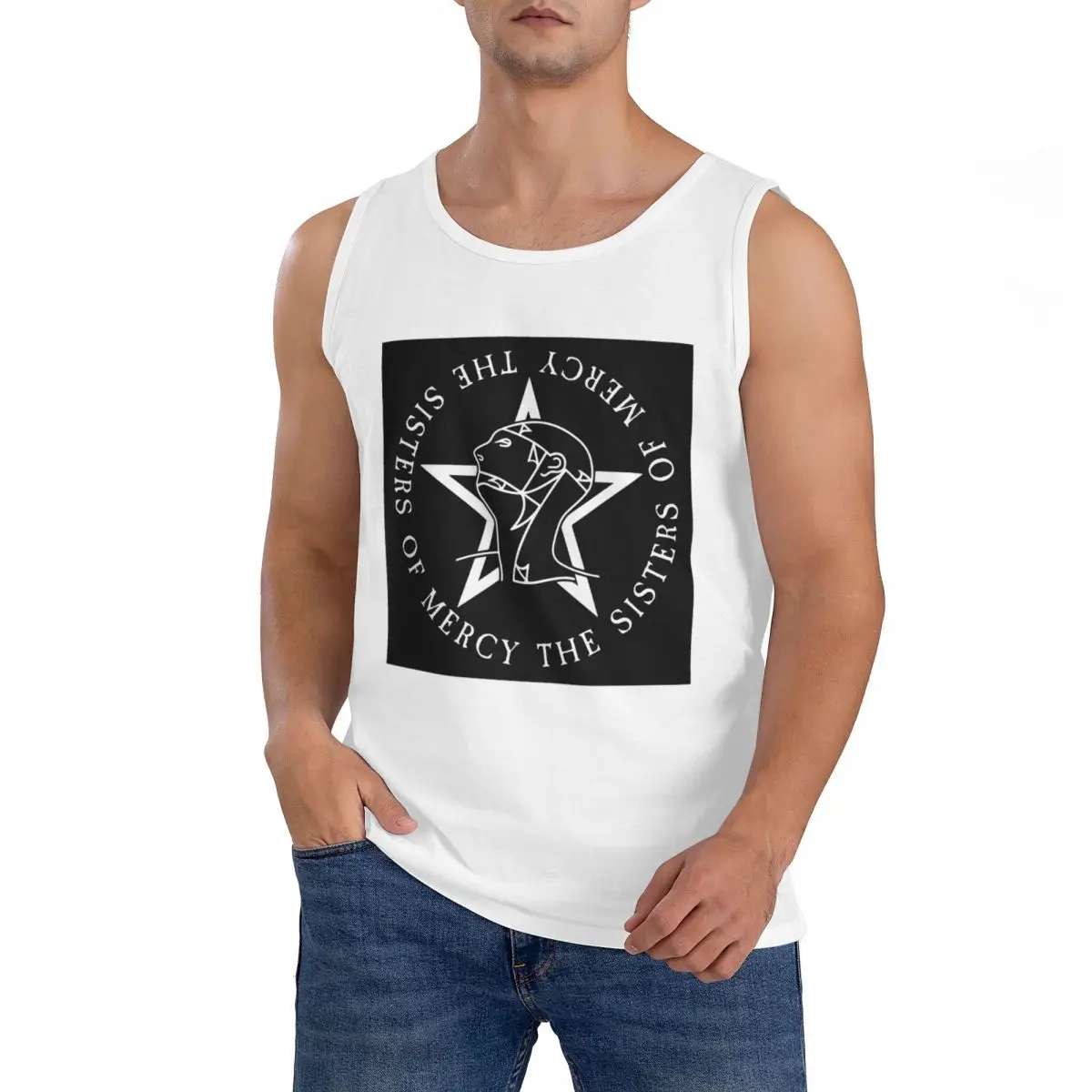 100% Cotton Round Text Logo Goth The Sisters Of Mercy Sleeveless T-Shirt Men Workout Sports Clothing Tops Men's Crew Neck Vest