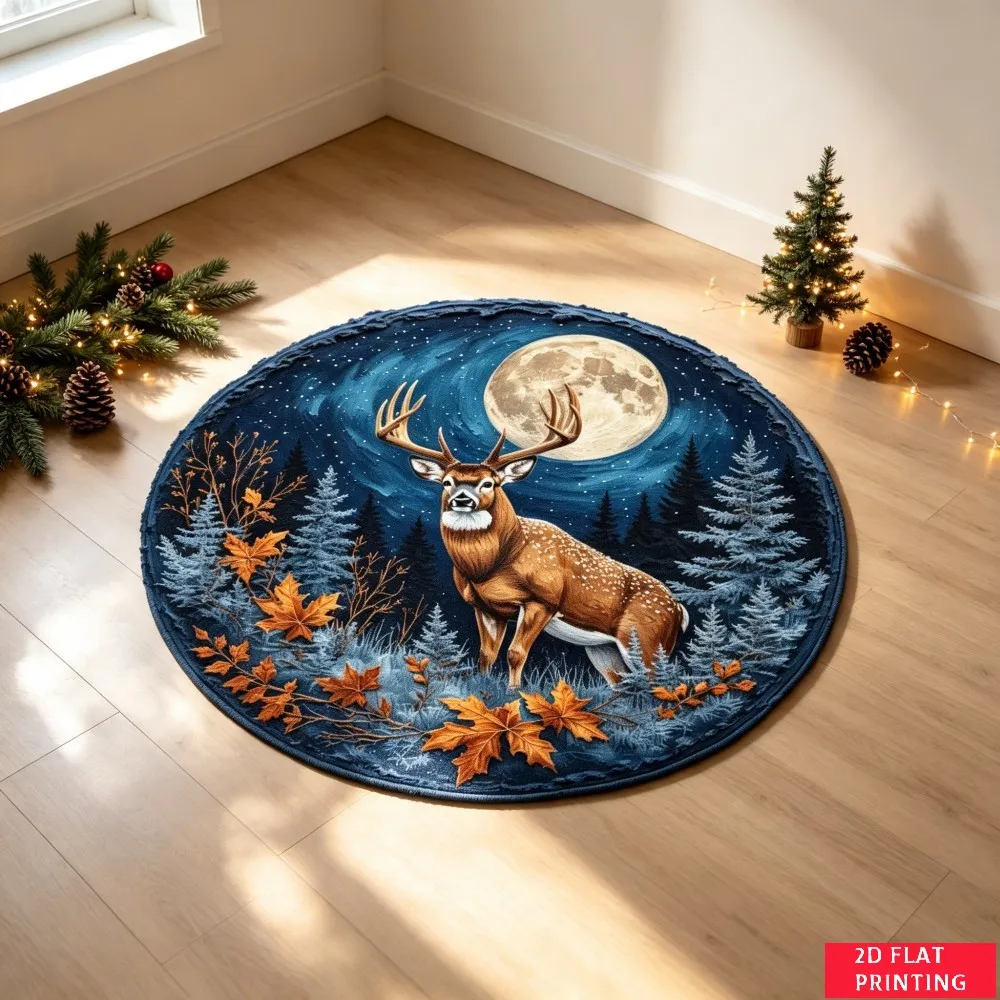 Realistic Stag Deer Head Antler Forest Scene Round Carpet For Rustic Cabin Or Lodge Decor With Natural Brown Grey Printed Carpet