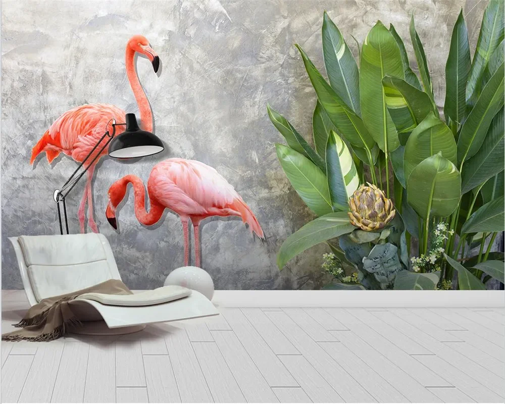 

Custom size wallpaper photo Cartoon mural flamingo tropical leaves TV background wall home decoration 3d wallpaper painting