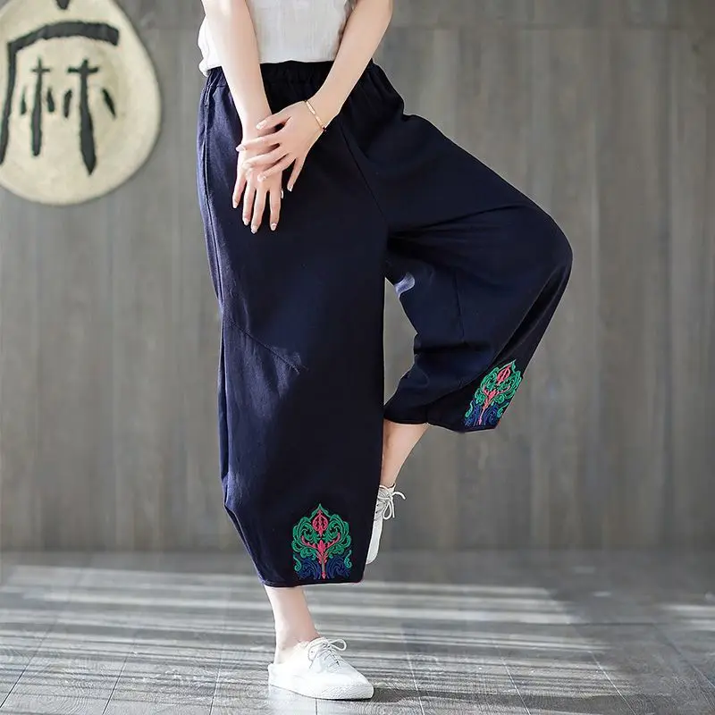 Summer Women\'s 2024 New Patchwork High-waisted Fashion Solid Color Pocket Embroidery Loose Vintage All Match Casual Pants