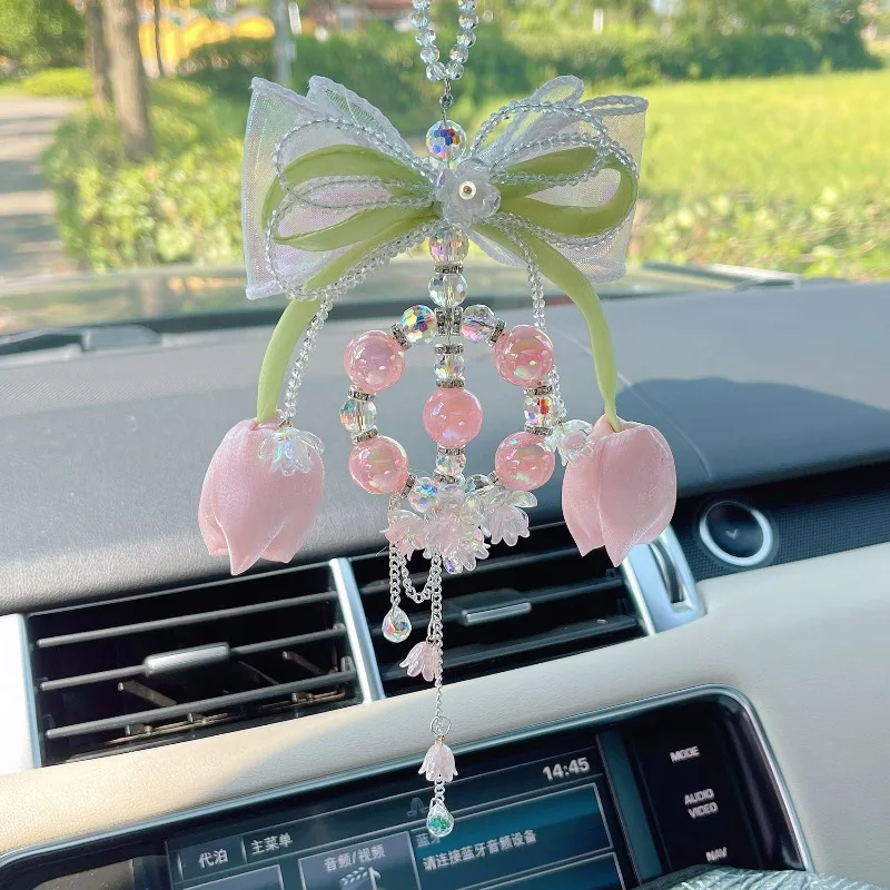 

1 шт. Подвеска-бант в виде тюльпана для автомобиля, хрустальное украшение на зеркало заднего вида, декор для салона автомобиля