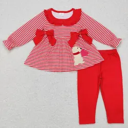 New rts Infant Girls Valentine Set Wholesale Boutique Embroidered Puppy Pattern Long Sleeve Pants Girls Clothing