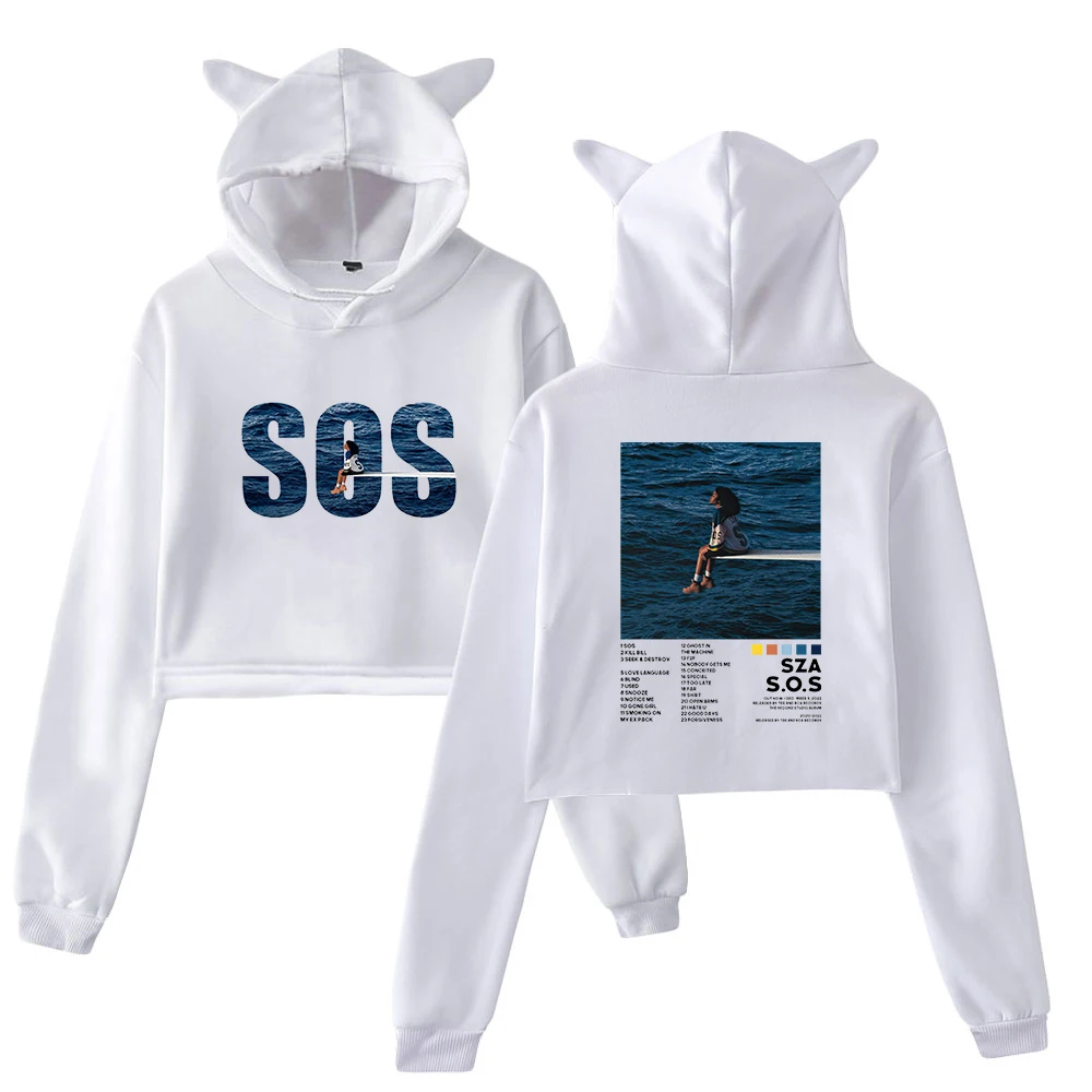 SZA SOS Music Album Merch Pullover Cat Ears Hoodie Long Sleeve Sweatshirts Female Crop Top 2023 Casual Style Women's Clothes