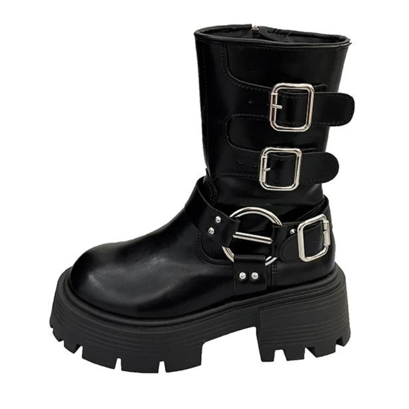 

2025 Новые модные стильные черные короткие сапоги на толстой подошве 6 см для женщин, осенние и зимние винтажные британские рыцарские сапоги в стиле вестерн!