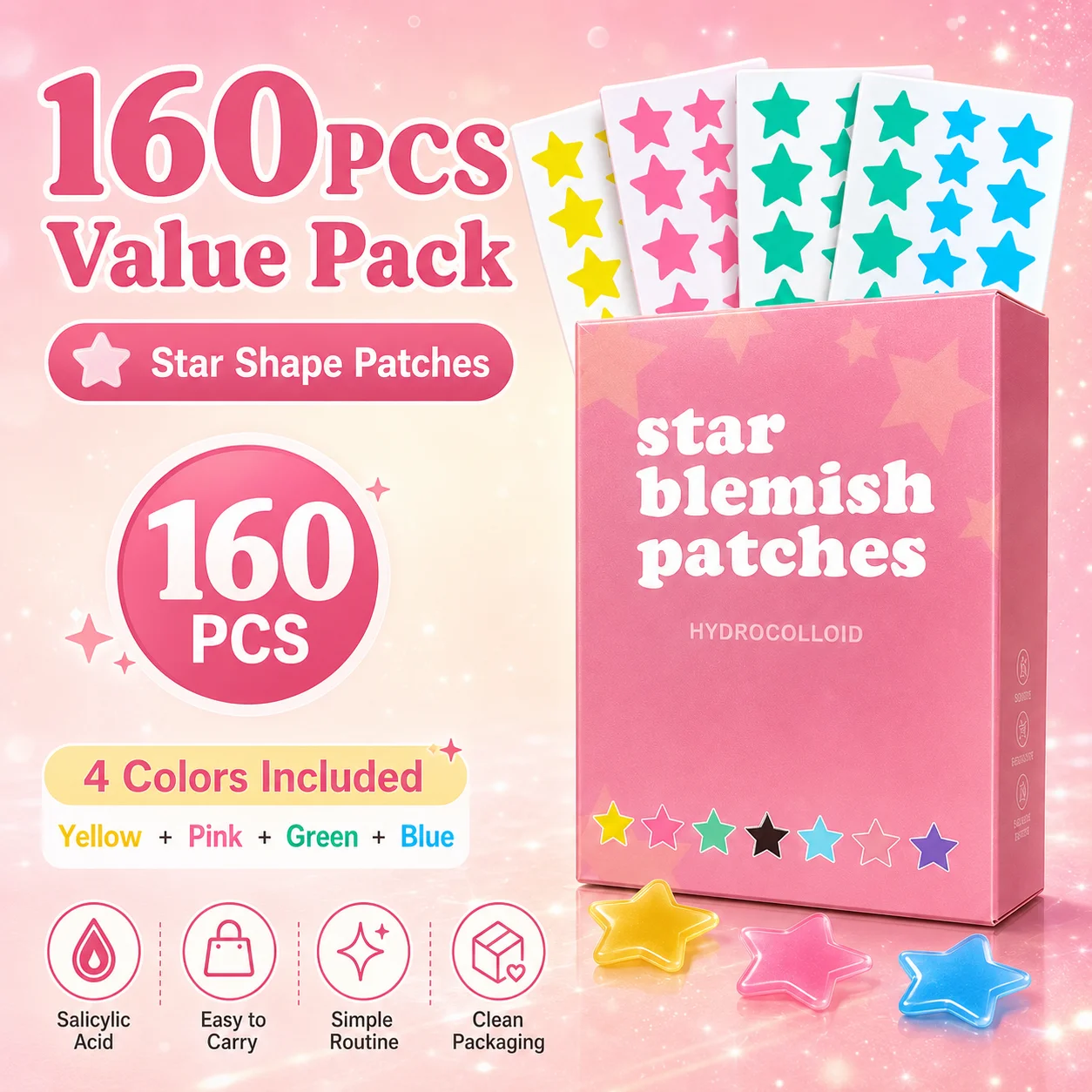 160PCS Cute Star Acne Patches Colorful Hydrocolloid Pimple Stickers for Face Body Daily Spot Care