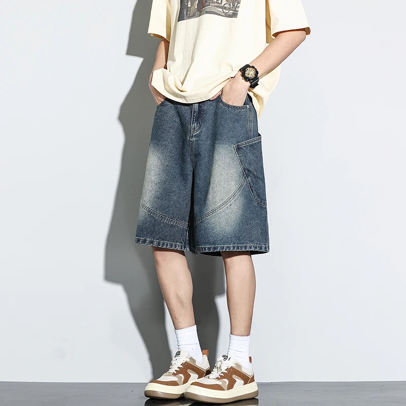 

vintage washed denim shorts for men, street hip-hop style, loose-fitting, five-inch pants, thin summer workwear five-inch pants