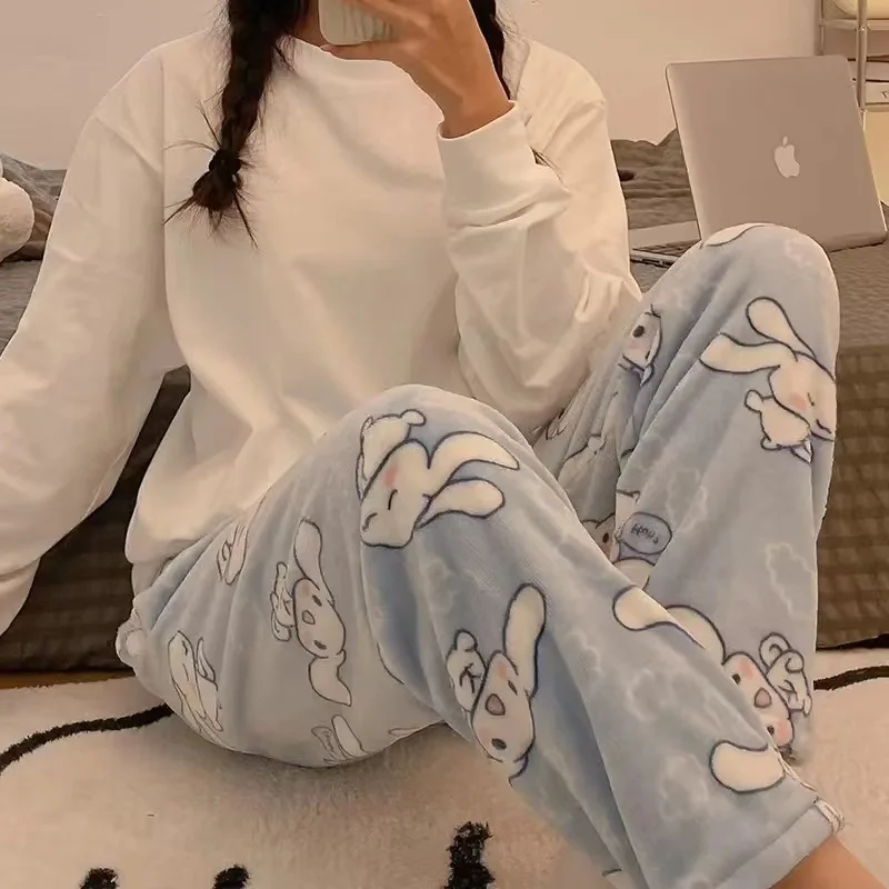 Miniso Kuromi Flannel Pajamas Pants For Women Sweet Cartoon Sleeping Warm Pants Coral Fleece Warm Pants Home Clothes For Winter