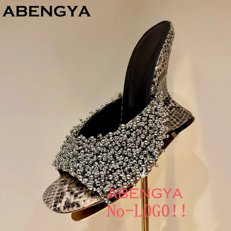 

Summer Strange Heels Slides Real Leather Women's Modern Slippers High Heel Party Shoes Women Metal Bead Decor Gladiator Sandals