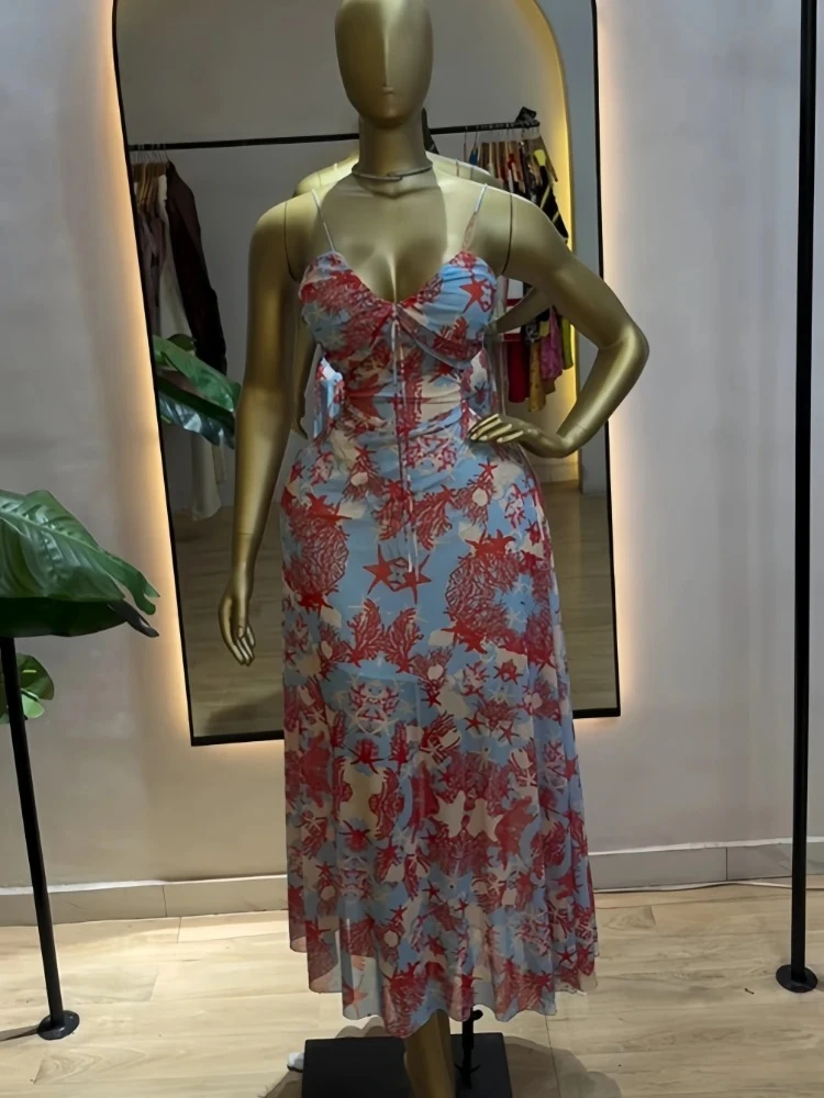 Elegant Women Printed Strap Sleeveless backless Maxi Long Dress 2026 Summer Beach Vacation Vintage Sexy Party Evening Dresses