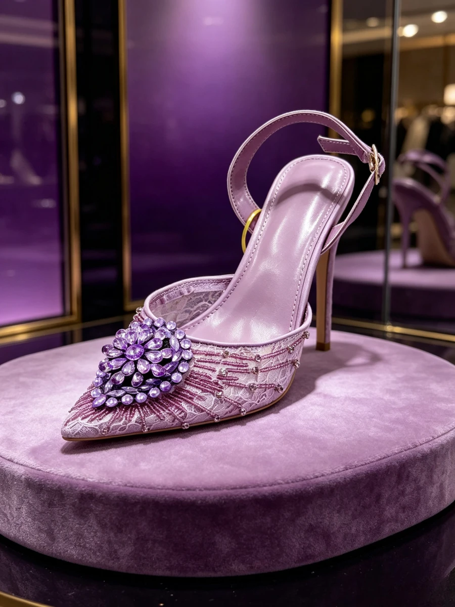 Sandalias de tacón medio con encaje lila 2026, adorno floral de cristal morado, punta puntiaguda, zapatos de lujo para fiesta, para damas mayores