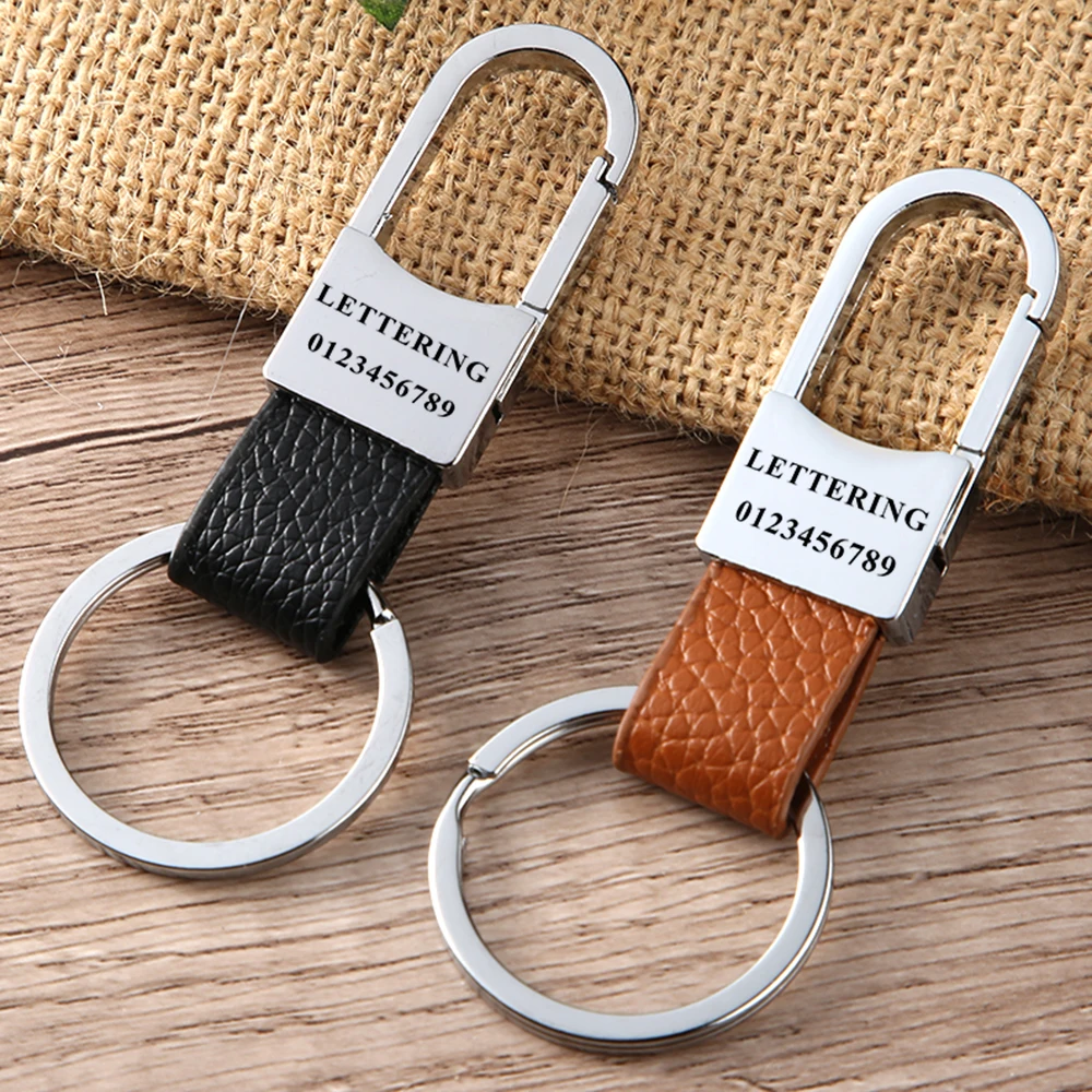 Custom Personalized Telephone Number Keyring Keychain Genuine Leather Men Simple Keychain Keyfob Holder For Car Accessories Gift