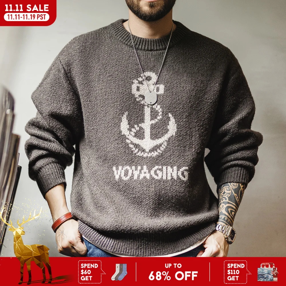 男性用のレトロなニットセーター,プリントセーター,リブラウンドネック,ベースレイヤートップス,用途の広い,暖かい,秋,冬