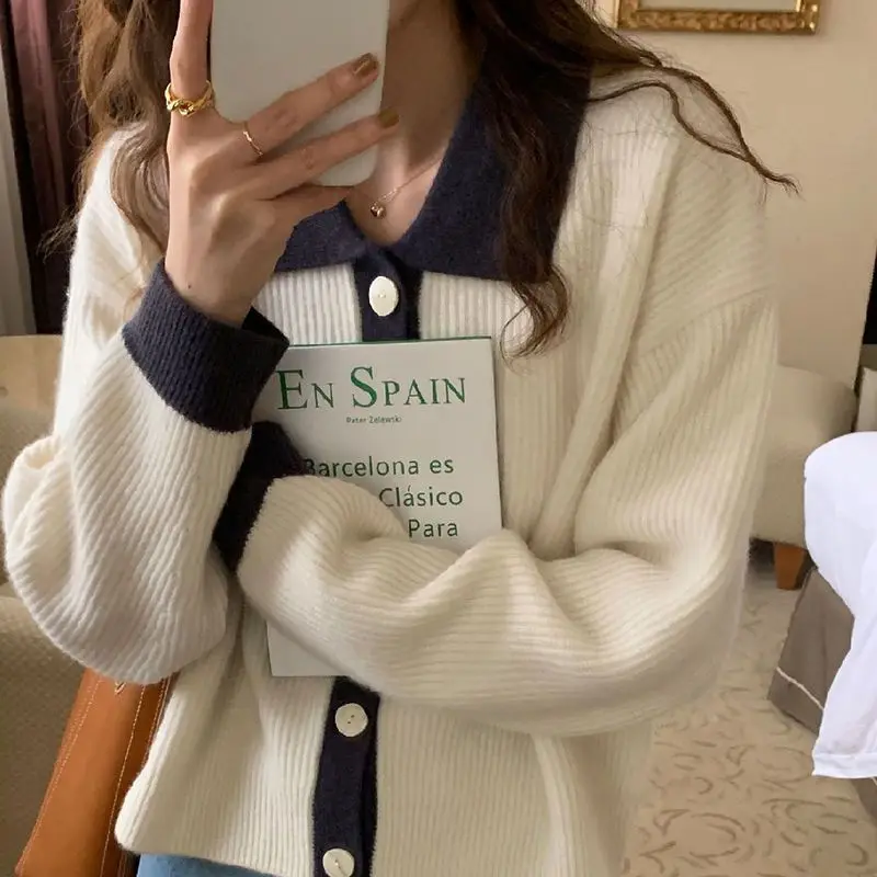 Korean Contrasting Colors Sweaters Female Clothing Patchwork Stylish Polo-Neck Autumn Winter Single-breasted Knitted Cardigan