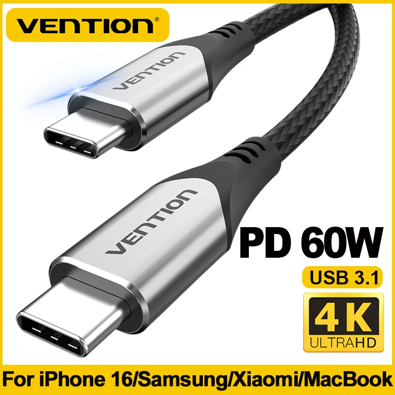 Vention 60W 4K 60Hz USB 3.1 5Gbps Transmit Fast Charger Cable Data Cord Braided Charging for iPhone 16 15 MacBook Samsung Galaxy