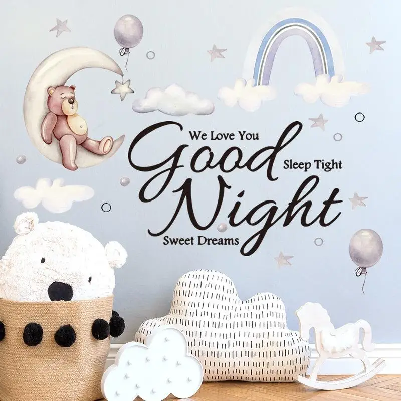 Cartoon Bear Sleeping on The Moon and Stars Wall Stickers for Kids Room Baby Room Decoration Wall Decals Room Interior