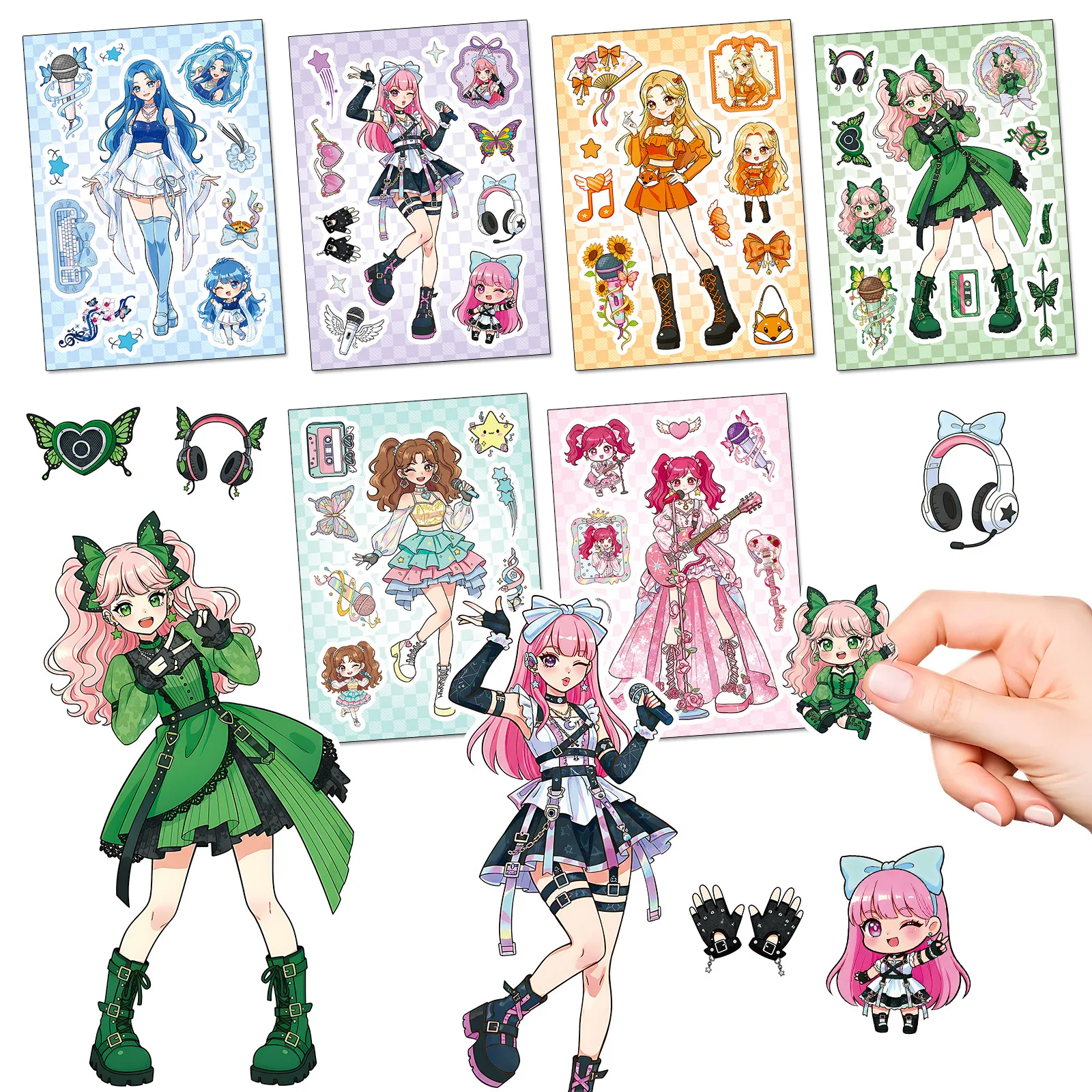 

6Pcs Kawaii Idol Girl Dress-Up Stickers, Cartoon Change Face Puzzle Decals with Music Elements for Scrapbooking Stationery