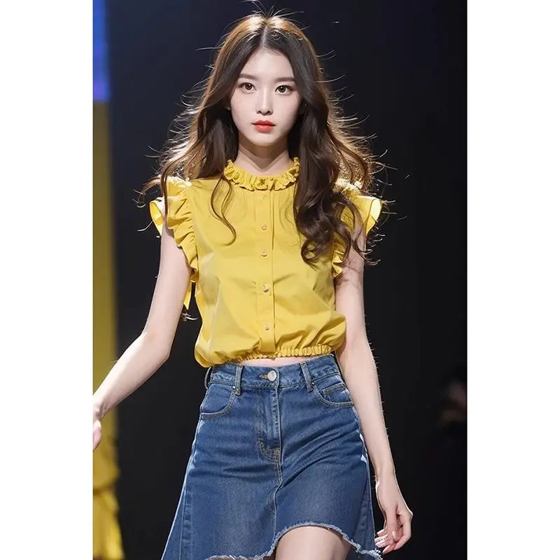 

Новая женская рубашка, французский летний желтый короткий топ с рукавами-крылышками 2025 г.