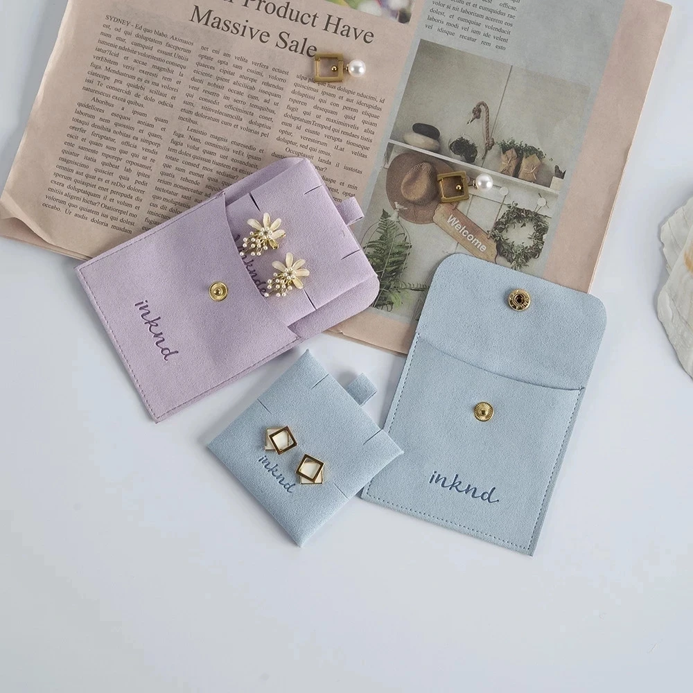 

Custom Logo Jewellery Package Gift Bags Microfiber Snap Button Pouch Earrings Necklace Organizer Gift Bag with Insert Pad Cards