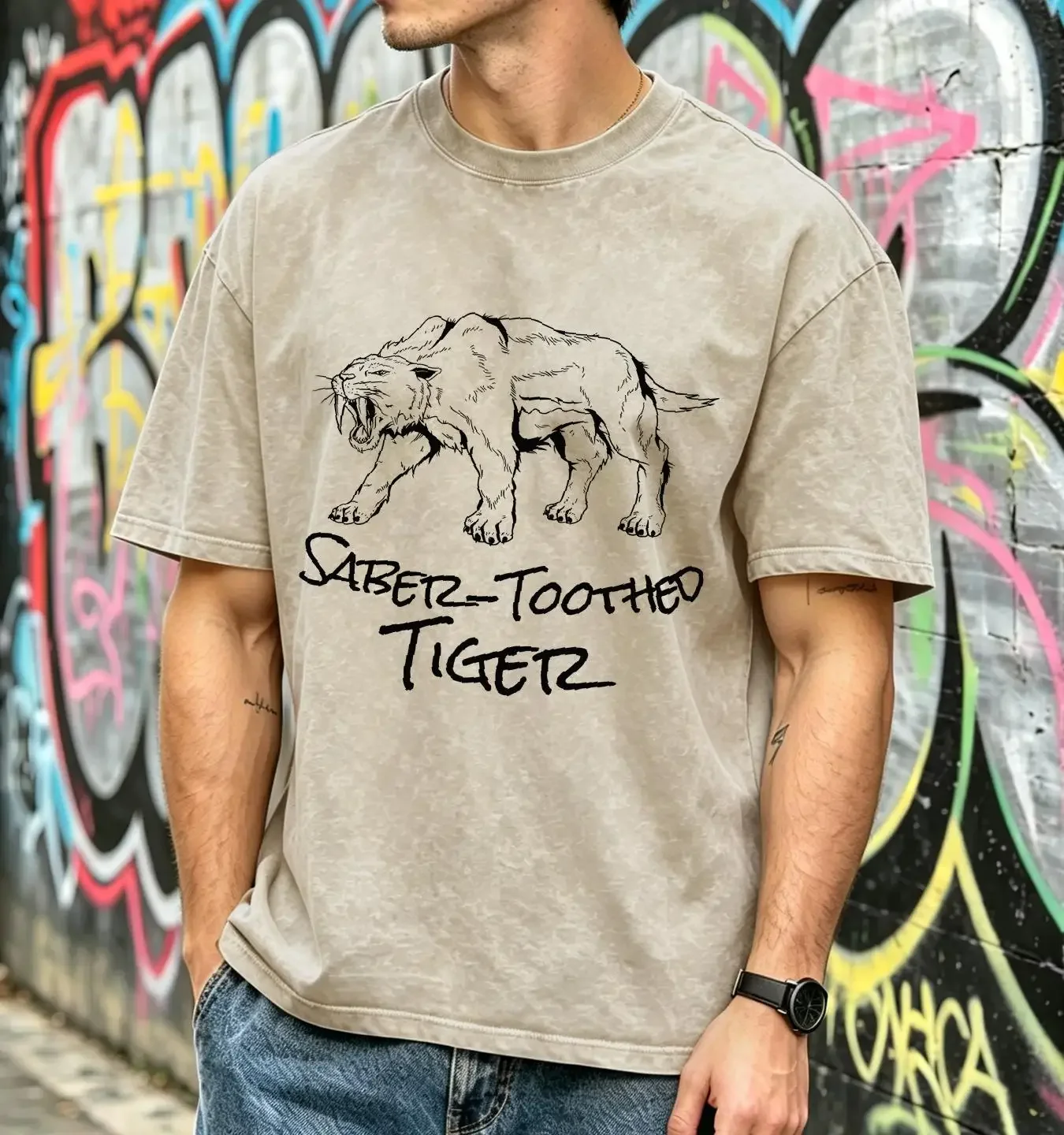 washed T Shirt Saber Toothed Tiger Sketch Cool Prehistoric Animal Smilodon long or short sleeves vintage Washed Unisex Casual