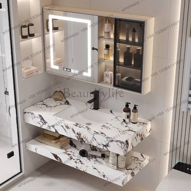 Luxury Bathroom Vanity with Bulgari Style Rock Plate Double-Tier Countertop & LED Smart Mirror Cabinet bathroom furniture