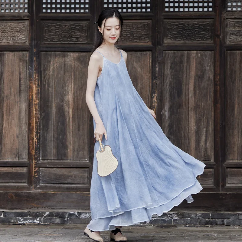 Dark Wind Dress Elegant Silent Recitation Still Willow Leaf Spliced Dress Travel Spray Dyed Dresses Femme